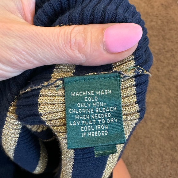 Lauren Ralph Lauren Turtleneck Navy Blue Gold Stripe Sweater Turtleneck XS S - Picture 5 of 8